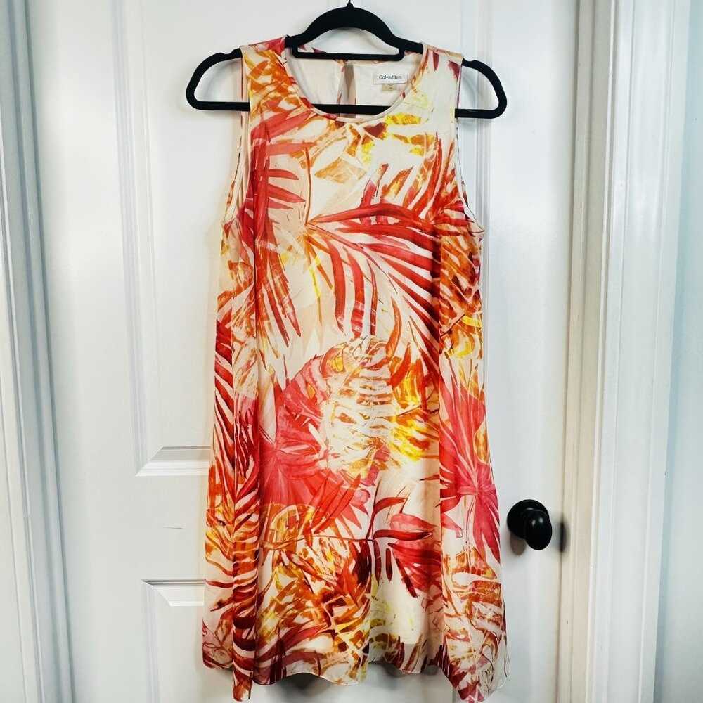 Calvin Klein Chiffon Dress Pink Tropical Print Trapeze A Line Sleeveless Sz 14